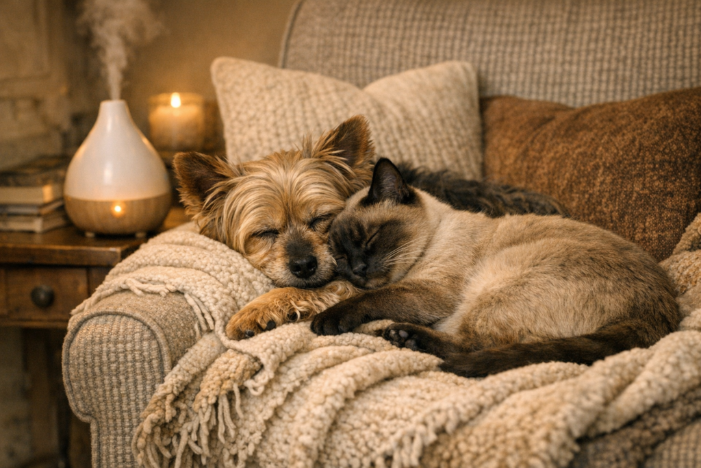 Perro y gato senior tumbados juntos en un sofá, relajados y durmiendo, mientras sobre la mesita cercana se ven un humidificador y una piedra de cuarzo rosa, creando un ambiente de aromaterapia y bienestar.