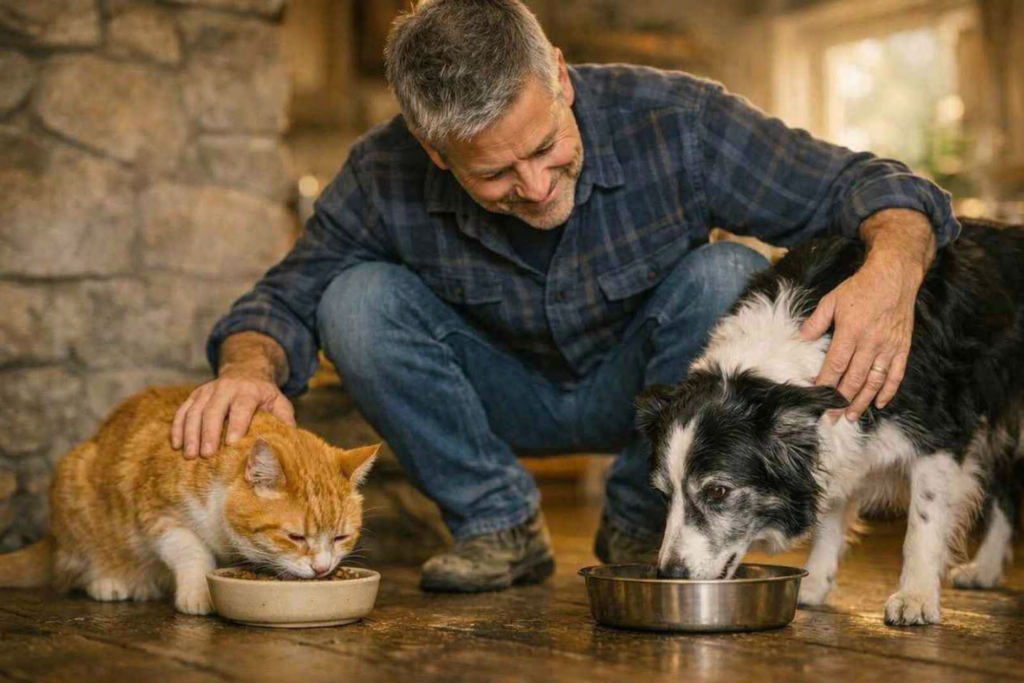 Hombre agachado acariciando con cariño a su perro y gato senior mientras comen tranquilamente de sus cuencos, reflejando el vínculo y el cuidado en la alimentación natural de mascotas ancianas