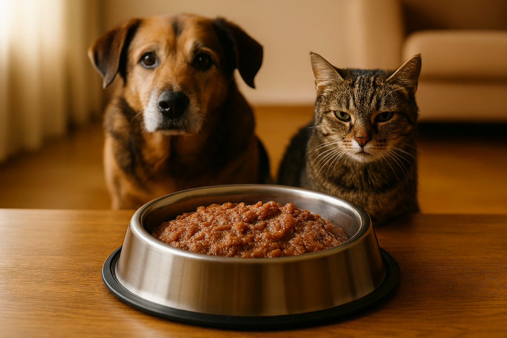 Primer plano de un perro senior y un gato esperando con entusiasmo frente a un bol de acero inoxidable con comida natural suculenta, capturando un momento de apetito recobrado y bienestar nutricional en el hogar.