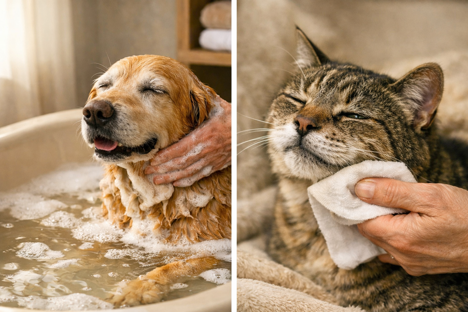 Imagen partida: a la izquierda, un perro senior recibiendo un baño, con una mano aplicando espuma en el cuello; a la derecha, un gato senior siendo limpiado suavemente con una toallita debajo de la boca, ambos en un entorno cómodo y seguro.