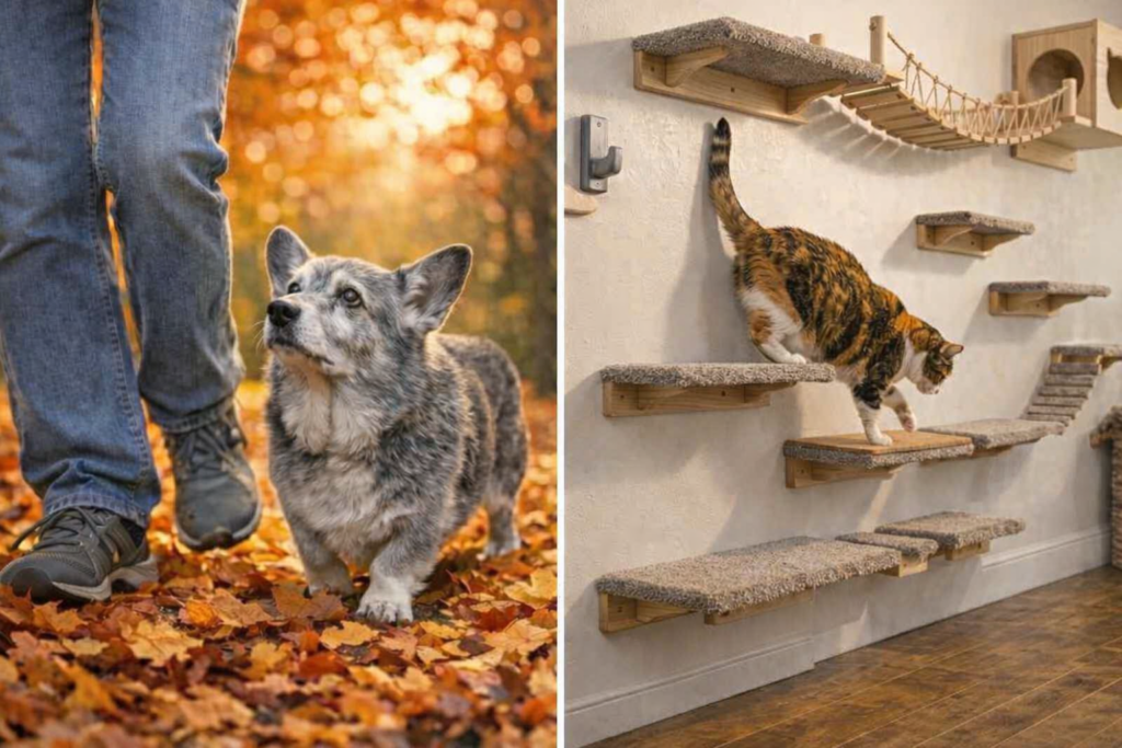 Perro Corgi senior paseando sobre hojas de otoño y gato calicó subiendo por repisas de pared, representando la movilidad activa en mascotas mayores.
