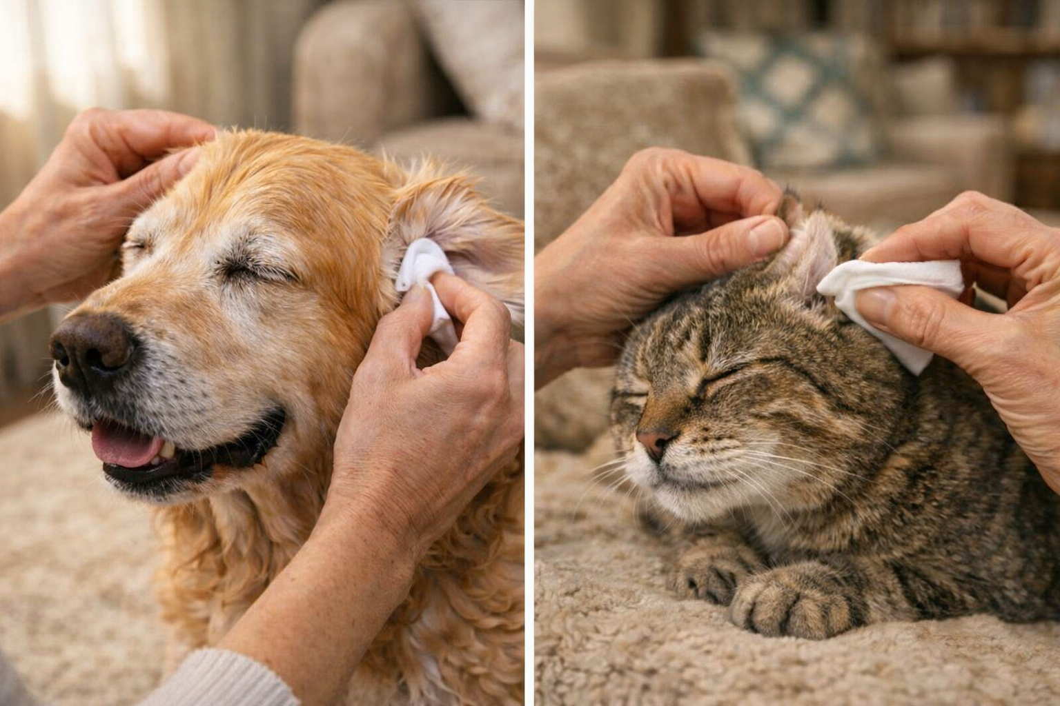 Imagen partida: a la izquierda, un perro senior recibiendo limpieza de orejas; a la derecha, un gato senior recibiendo limpieza de orejas, ambos en un entorno cómodo y cuidado.
