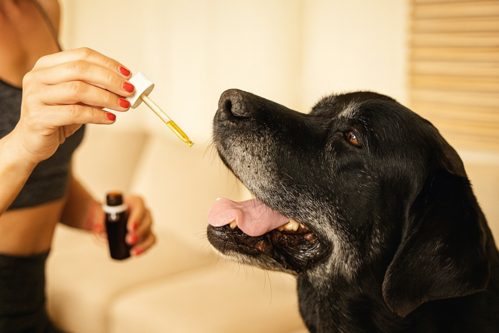 Primer plano de un perro Labrador Retriever senior con el hocico canoso, mirando hacia arriba con la boca abierta. Una mano humana sostiene con cuidado un gotero dispensando una dosis de aceite de CBD. La imagen transmite confianza, cuidado terapéutico y alivio natural para el dolor articular o la artrosis en mascotas mayores.