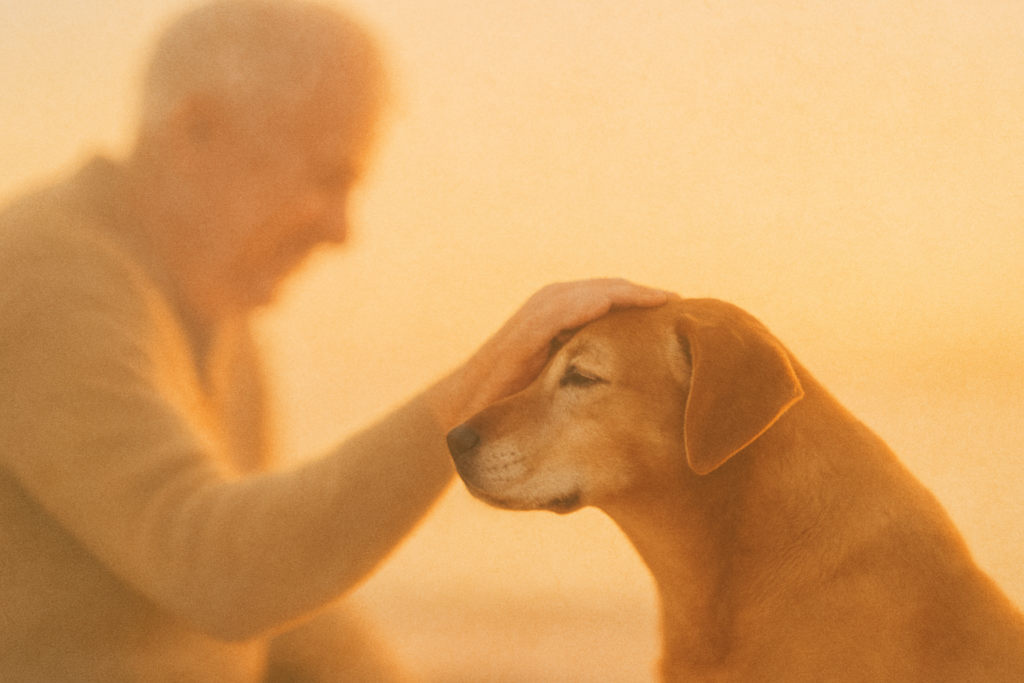 Primer plano artístico con enfoque suave y luz dorada de atardecer. Una mano humana acaricia con infinita ternura la cabeza de un perro senior que cierra los ojos con serenidad. La imagen transmite paz, agradecimiento y el cierre del ciclo emocional en el duelo de una mascota, capturando el vínculo eterno entre el dueño y su fiel compañero.