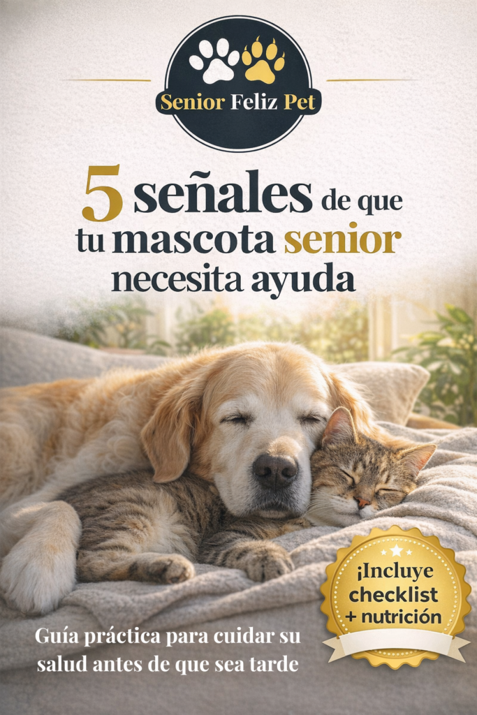 Portada de la guía gratuita de Senior Feliz Pet: "5 señales de que tu mascota senior necesita ayuda". Muestra a un perro de pelo largo y un gato durmiendo plácidamente en una cama cómoda, incluyendo un sello de regalo con checklist y consejos de nutrición.