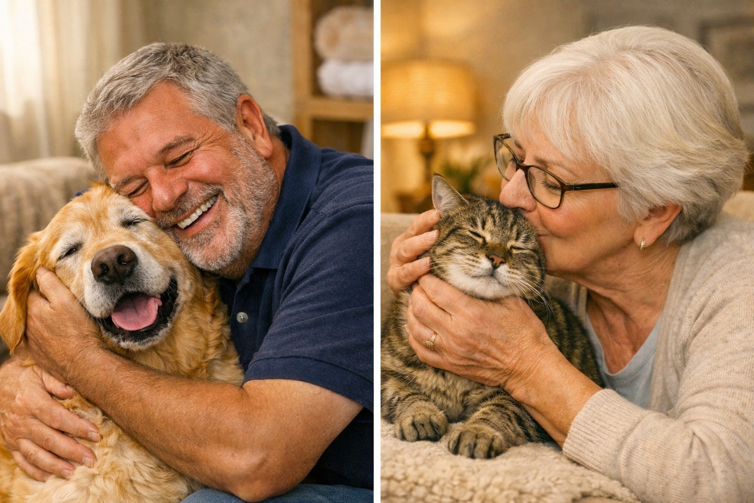 Imagen partida: a la izquierda, un hombre mayor abrazando a su perro senior, ambos con expresiones felices y relajadas; a la derecha, una mujer mayor dando un beso en la mejilla a su gato senior, transmitiendo cariño y conexión en un entorno cálido.