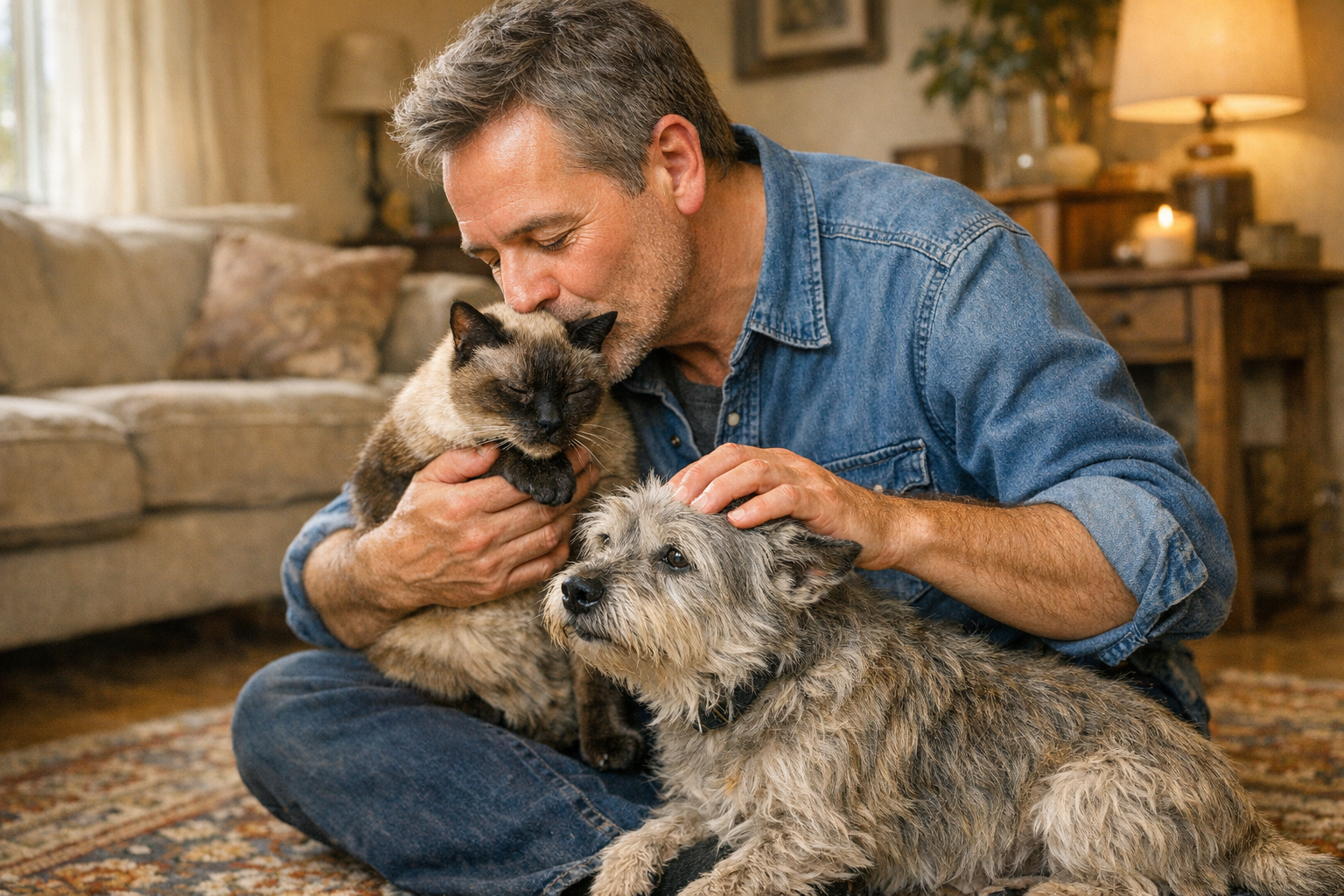 Hombre de mediana edad acariciando a su perro senior pequeño con una mano y dando un beso en la cabeza a su gato senior con la otra, en un salón luminoso y acogedor; escena tierna y conmovedora de cuidado y cercanía con sus mascotas.