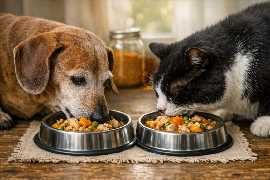 Un perro Teckel senior de hocico canoso y un gato blanco y negro anciano comiendo juntos de dos cuencos con comida natural casera (pollo y verduras) en el suelo de una cocina luminosa.