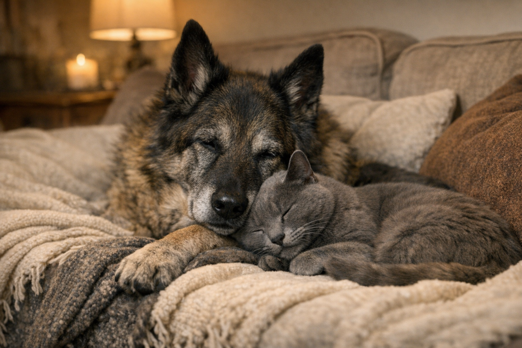 Perro pastor belga senior y gato senior tumbados juntos en un sofá, totalmente relajados y durmiendo, mostrando tranquilidad y bienestar gracias al uso del producto recomendado.