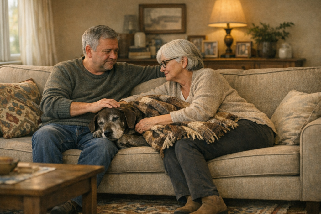 duelo 1 Hombre y mujer sentados en un sofá acompañando a su perro senior, tapado con una manta, con expresión de tristeza y complicidad, en un momento de cuidado y despedida.