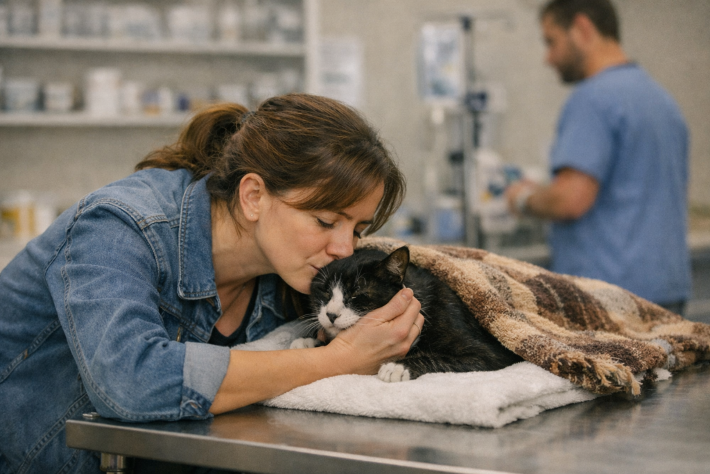 duelo 2 Mujer besando la cabeza de su gato senior tumbado en una camilla de clínica veterinaria, cubierto con una manta, en un momento de despedida y cuidado afectuoso.