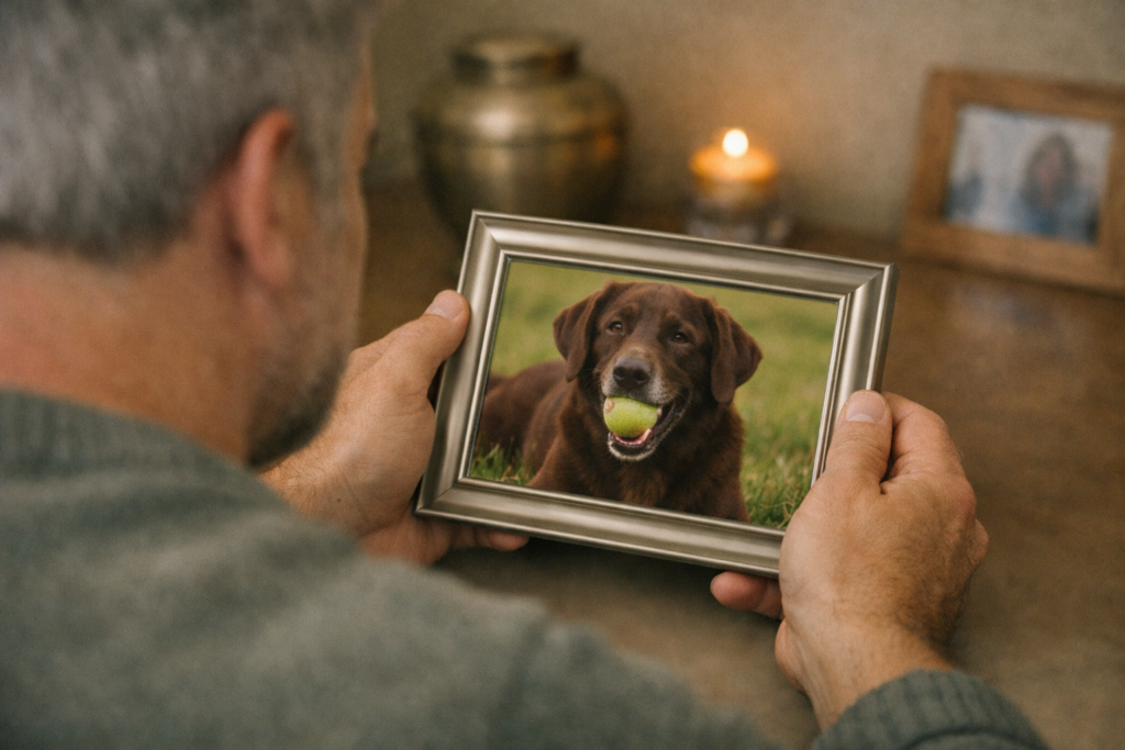 Hombre mayor sosteniendo la foto de su perro senior, visto por encima del hombro, con urna y vela difuminadas al fondo, en un momento de recuerdo y despedida afectuosa.