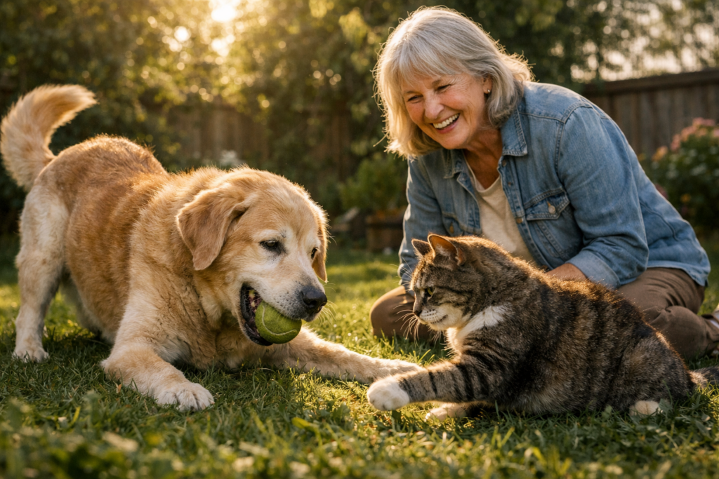 Mujer sonriente en un jardín acariciando a su perro y gato senior que juegan felices con una pelota, demostrando el bienestar y la vitalidad recuperada gracias a una nutrición natural.