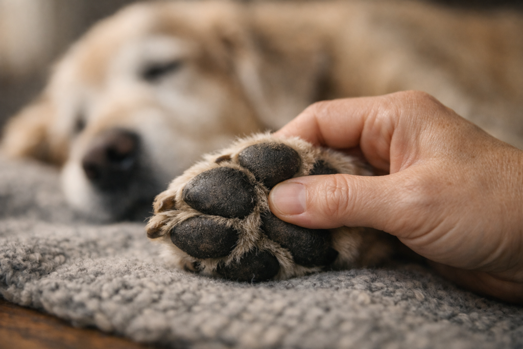 Primer plano de mano humana realizando un masaje terapéutico en las almohadillas de la pata de un perro anciano para mejorar su movilidad.