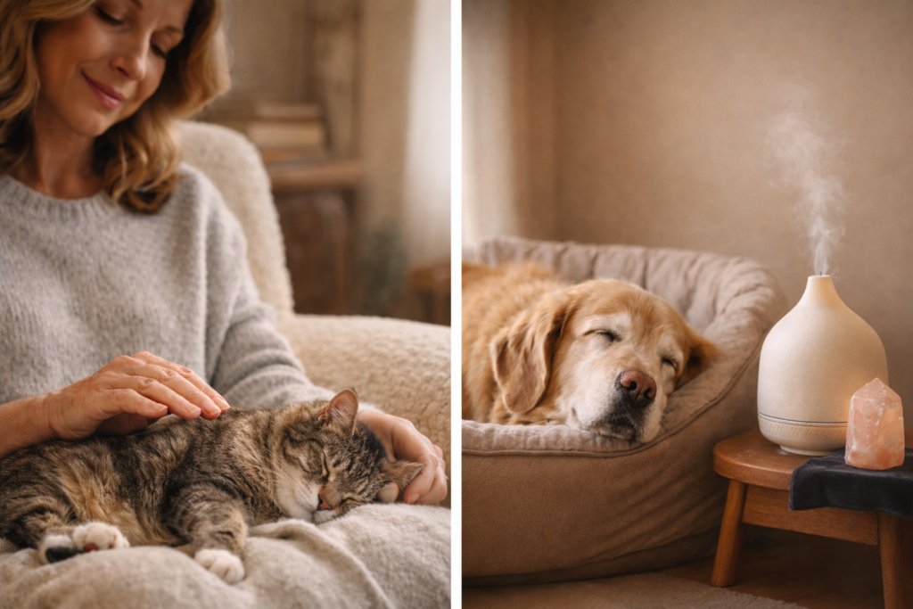 Imagen dividida mostrando soluciones de bienestar emocional para mascotas senior. A la izquierda, una mujer practica Reiki a un gato muy relajado en su regazo. A la derecha, un perro Golden Retriever anciano y canoso descansa plácidamente en su cama cerca de un difusor de aromaterapia y un cristal de cuarzo rosa pulido. Ambas escenas transmiten paz y sanación natural.