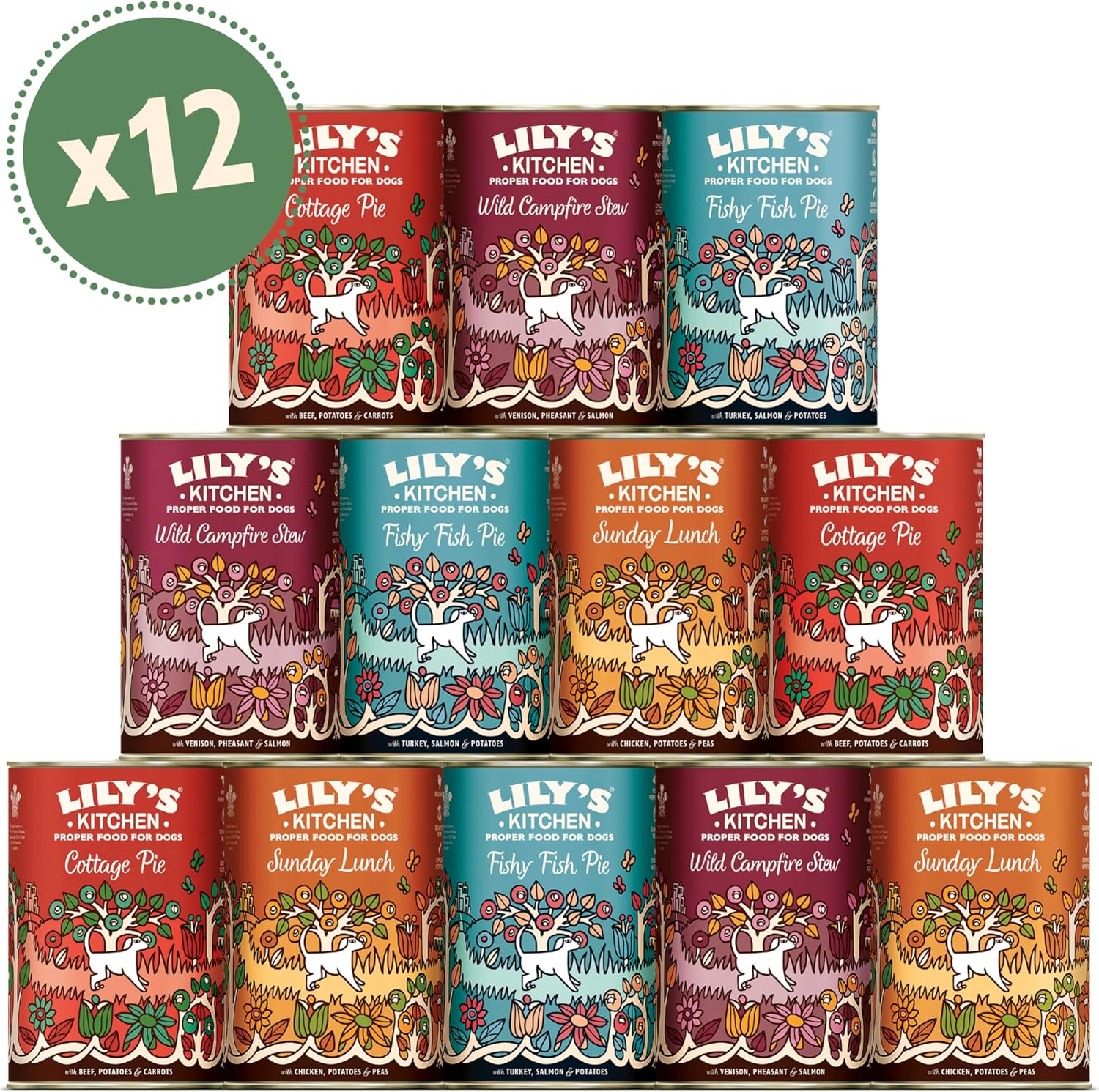    “Pack de 12 latas de comida para perros Lily’s Kitchen con etiquetas ilustradas y coloridas. Incluye sabores Cottage Pie, Wild Campfire Stew, Fishy Fish Pie y Sunday Lunch, cada uno con ingredientes naturales destacados y un perro blanco dibujado en el diseño
