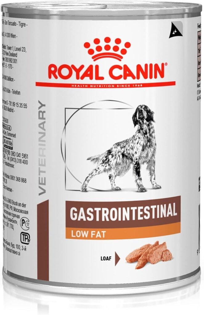 Lata de comida veterinaria para perros Royal Canin Gastrointestinal Low Fat, con diseño blanco y marrón, ilustración de un perro y foto de la textura tipo ‘loaf’. Dieta baja en grasa formulada para apoyar la salud digestiva