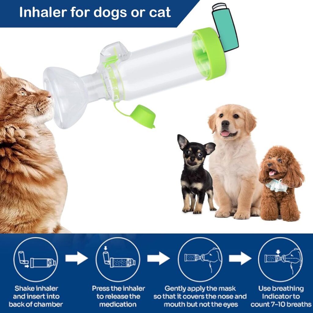 Inhalador para perros y gatos con cámara transparente, mascarilla suave y tapa verde, acompañado de ilustraciones de mascotas y pasos de uso que muestran cómo insertar el inhalador, liberar la medicación, colocar la mascarilla y contar respiraciones.