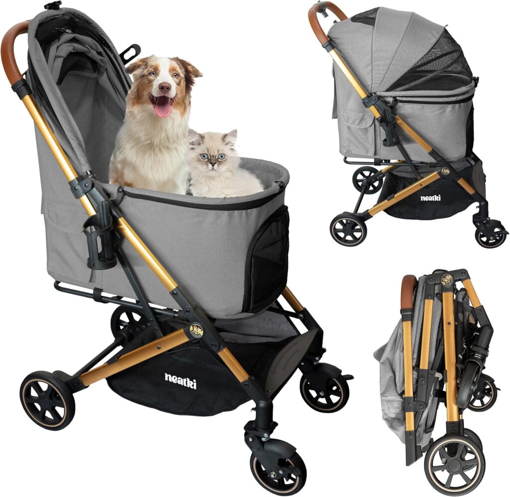 Carrito gris y dorado para mascotas marca neakki, mostrado en tres vistas: un perro y un gato sentados dentro del cochecito, versión con capota cerrada y versión plegada para almacenamiento. Incluye ruedas dobles, ventilación de malla y manillar con agarre marrón.