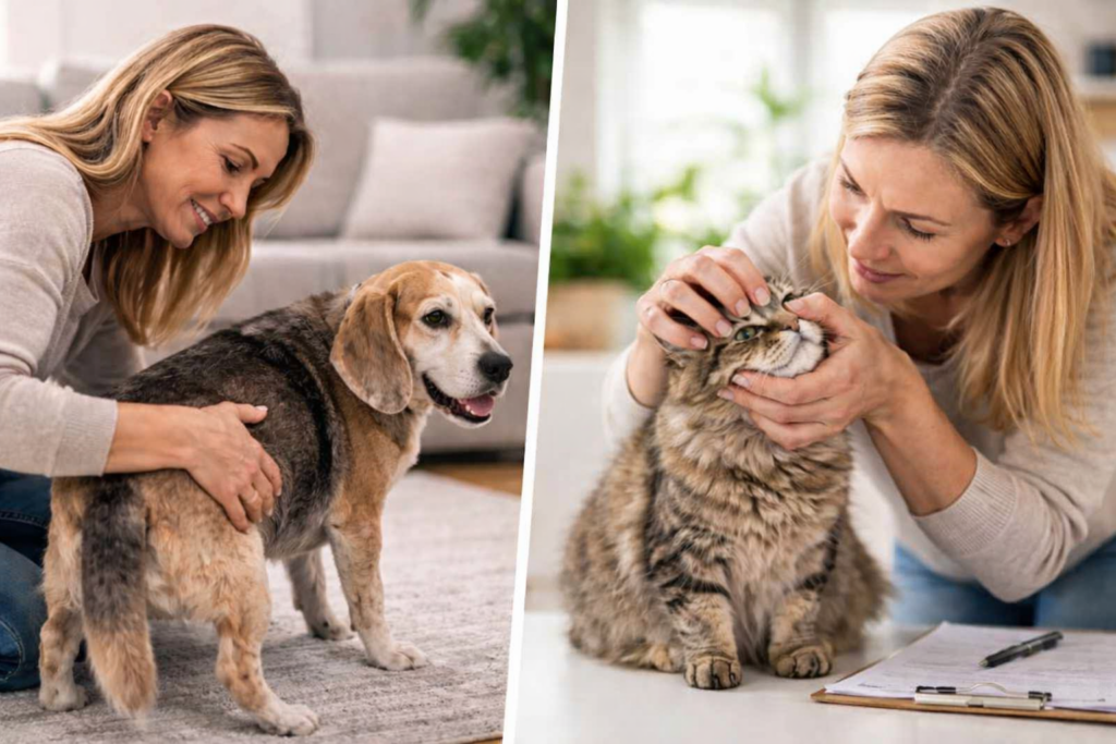 Mujer rubia con suéter beige y jeans revisa el ojo de un gato atigrado usando los pulgares para abrirle suavemente los párpados, mientras el gato está sentado sobre una mesa blanca con un portapapeles y un bolígrafo al lado. La escena transmite cuidado y atención veterinaria en un entorno doméstico iluminado por luz natural.
