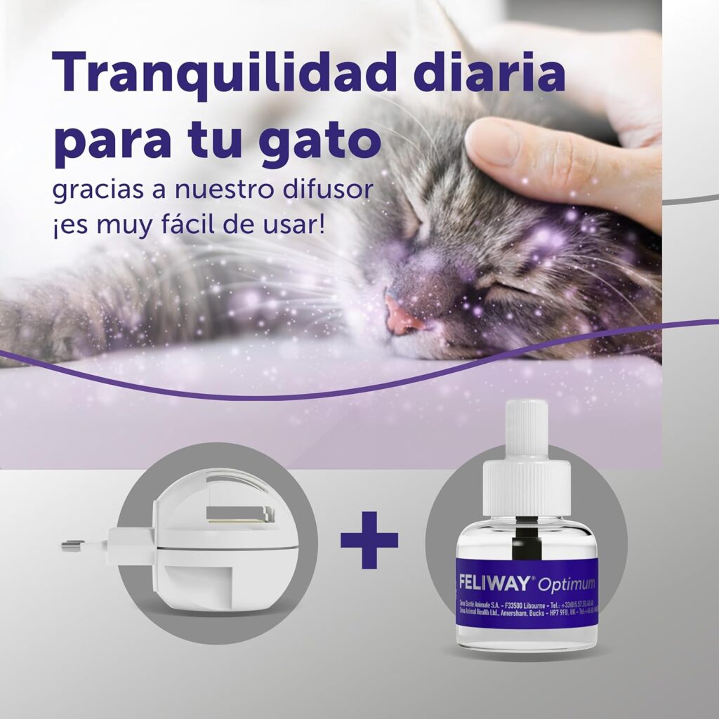 d2 Difusor Feliway Optimum para gatos, diseñado para aportar tranquilidad diaria y reducir el estrés en el hogar.