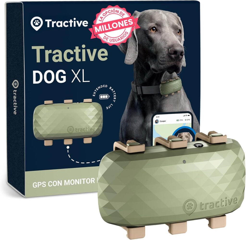 Localizador GPS Tractive DOG XL para perros grandes, con dispositivo resistente y app móvil para seguimiento en tiempo real.