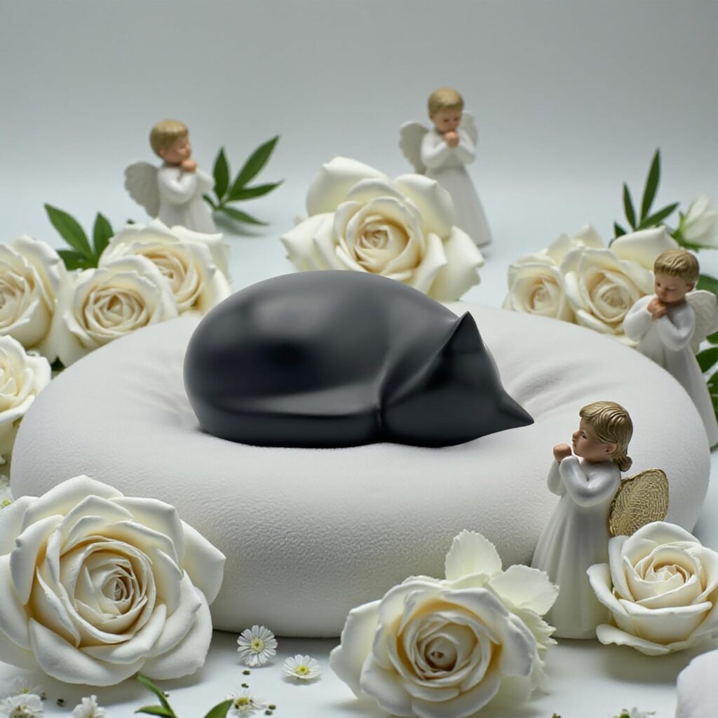 Una urna negra minimalista con forma de gato descansando sobre un cojín blanco circular. La escena está rodeada de rosas blancas frescas y pequeñas figuras de ángeles que parecen custodiar la urna en un ambiente de paz y espiritualidad.