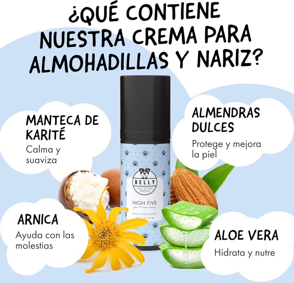 Infografía de la marca Belly titulada "¿Qué contiene nuestra crema para almohadillas y nariz?". En el centro aparece el envase rodeado de ilustraciones de sus componentes naturales: Manteca de Karité (calma y suaviza), Almendras Dulces (protege y mejora la piel), Árnica (ayuda con las molestias) y Aloe Vera (hidrata y nutre). El diseño utiliza nubes blancas sobre un fondo azul suave.