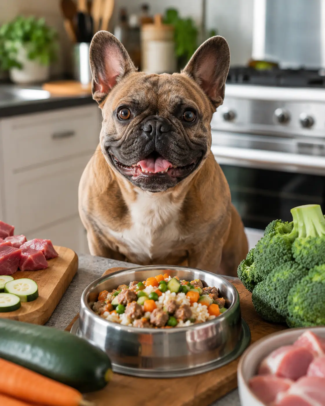 Bulldog francés mirando a cámara junto a un bol de comida casera preparada, rodeado de ingredientes naturales como verduras sobre la encimera de una cocina luminosa.