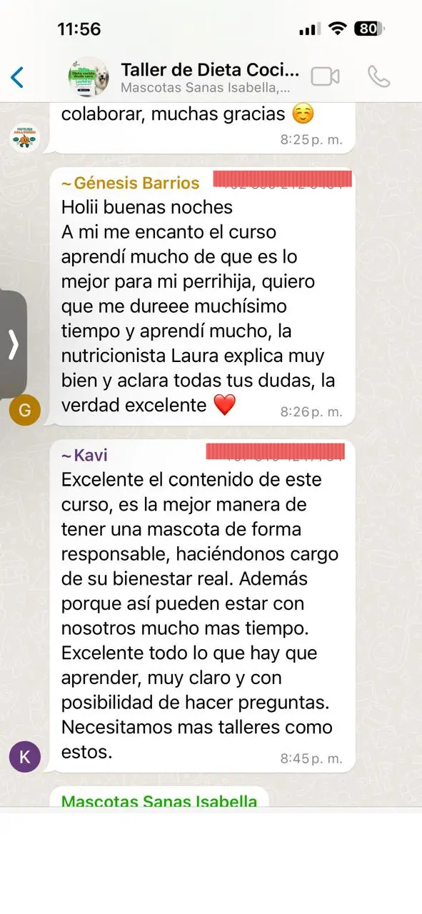 Captura de WhatsApp de una alumna expresando su satisfacción con el curso y comentando que le ayudó mucho.