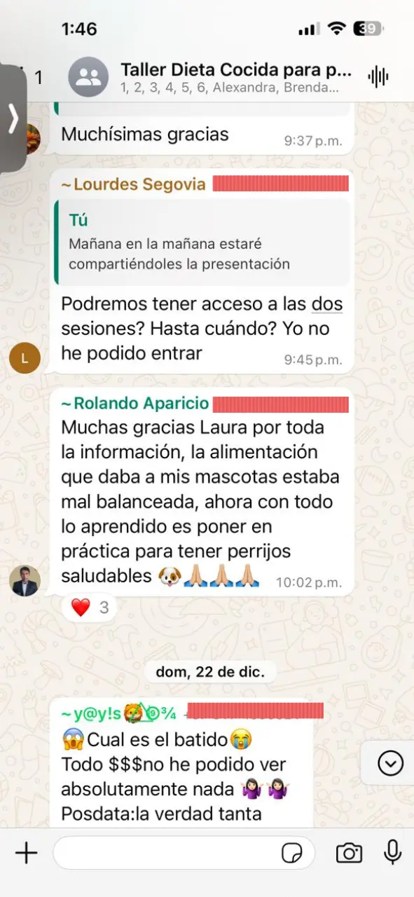 Captura de WhatsApp de una usuaria agradeciendo a Laura y comentando que el curso ha mejorado la calidad de vida de su perra.