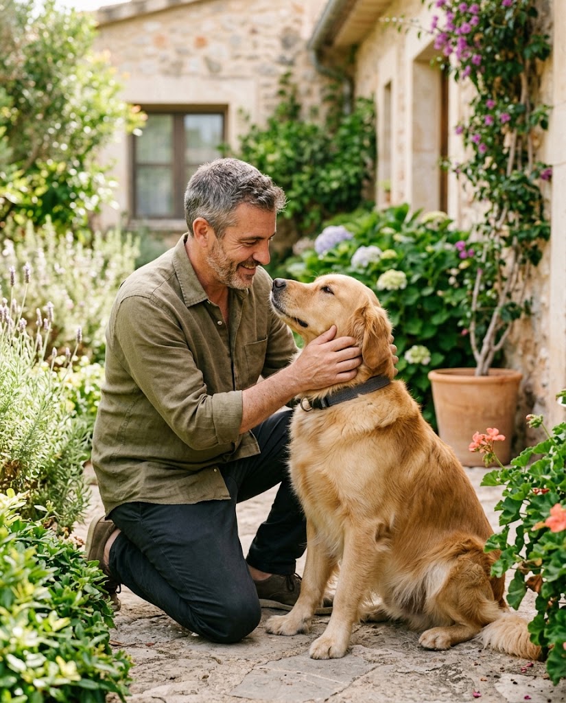 Un hombre de mediana edad con cabello gris y barba, vestido con una camisa verde oliva de lino y pantalones oscuros, está arrodillado en un patio de piedra y acaricia con cariño la cabeza de su Golden Retriever. El perro está sentado y lo mira con atención. El fondo es un jardín exuberante con flores de lavanda, hortensias y geranios en macetas de terracota, junto a una pared de piedra rústica de una casa con ventanas de madera. La escena transmite calidez y conexión