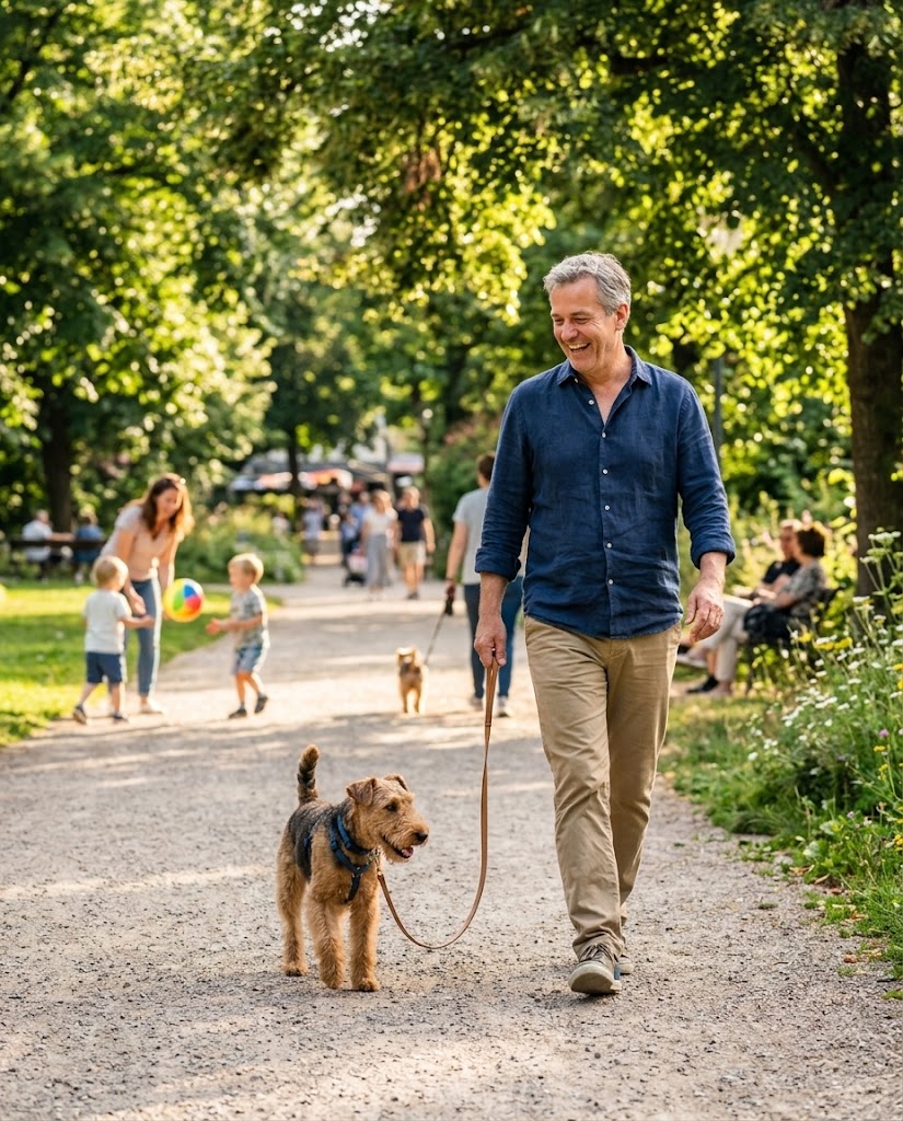 Un hombre sonriente con el pelo canoso, una camisa azul y pantalones caqui camina con un pequeño perro de pelo áspero con una correa por un sendero de grava en un parque frondoso. En el fondo, hay más gente paseando, niños jugando con una pelota y otras personas sentadas en bancos. El sol brilla a través de las hojas de los árboles.