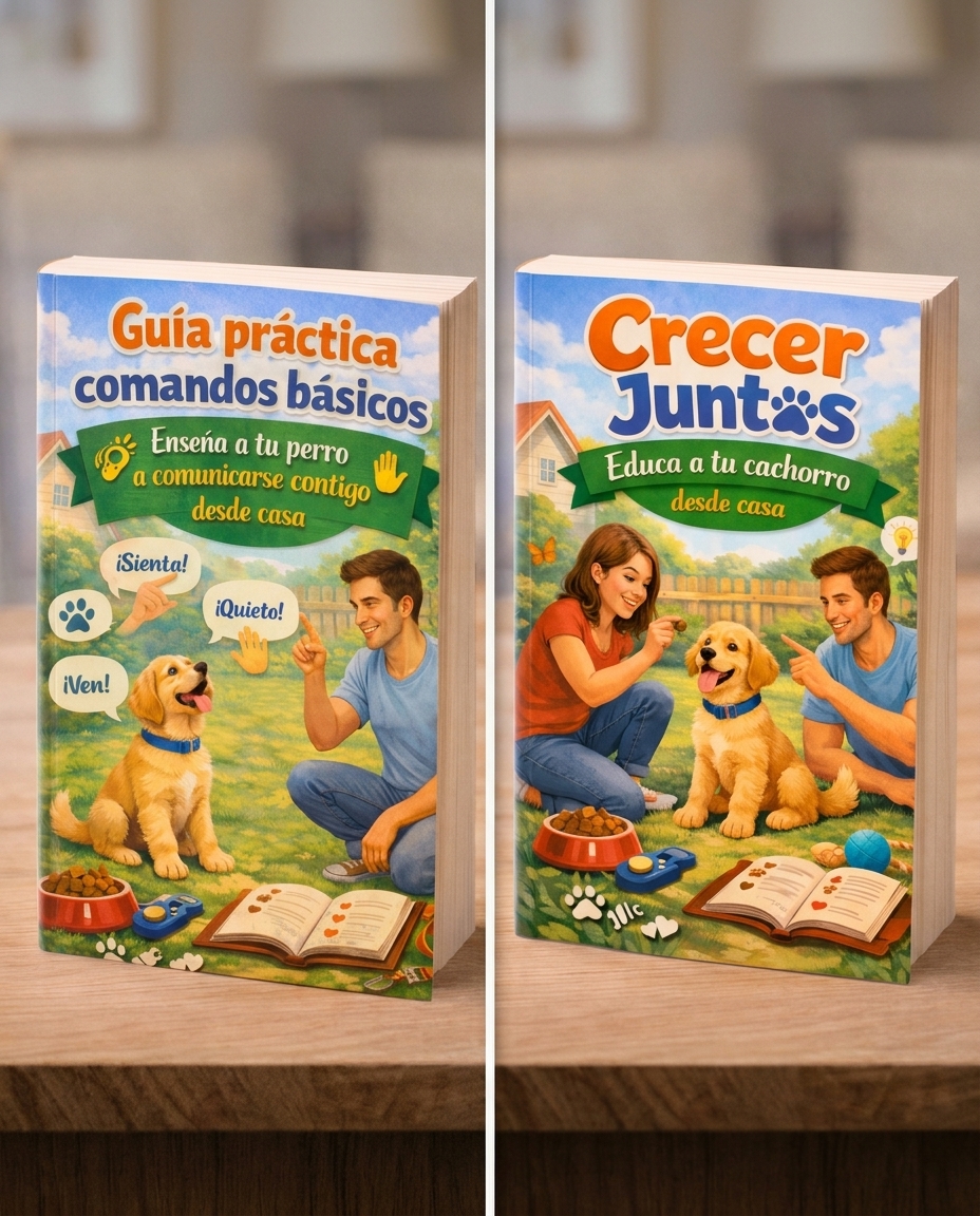 La portada del libro de la izquierda tiene el título en español 'Guía práctica comandos básicos'. La ilustración muestra a un hombre y un perro Golden Retriever interactuando. El hombre está arrodillado frente al perro, señalándolo. El perro sentado frente a él. Enseña a tu perro a comunicarse contigo desde casa