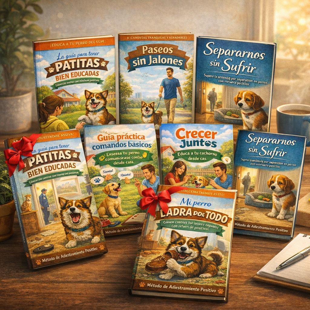 Composición publicitaria que muestra una colección de siete libros digitales e impresos sobre educación y adiestramiento canino organizados sobre una mesa de madera. Las portadas ilustradas incluyen títulos como 'Patitas Bien Educadas', 'Paseos sin Jalones', 'Separarnos sin Sufrir', 'Guía práctica comandos básicos', 'Crecer Juntos' y 'Mi perro Ladra de Todo'. Dos de los libros llevan lazos rojos de regalo.